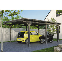 Dřevěný carport s autem a motorkou