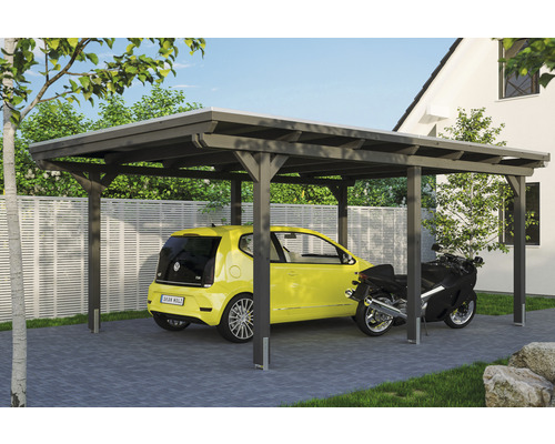 Dřevěný carport s autem a motorkou