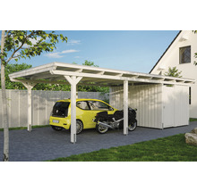 Dřevěný carport s přilehlým kůlnou na nářadí a vozidly