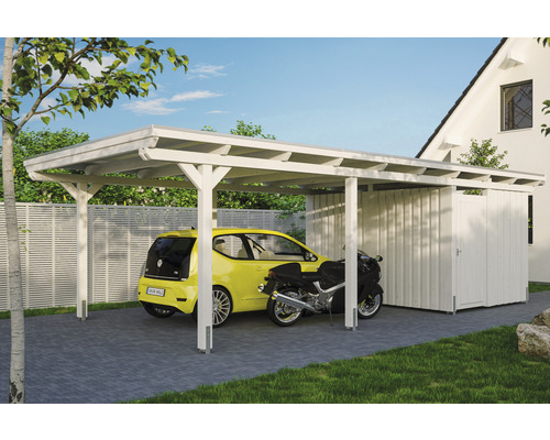 Přístřešek na auto SKAN HOLZ Emsland vč. úložného prostoru, kotev pro sloupky, 404 x 846 cm, bílý Dřevěný carport s přilehlým kůlnou na nářadí a vozidly