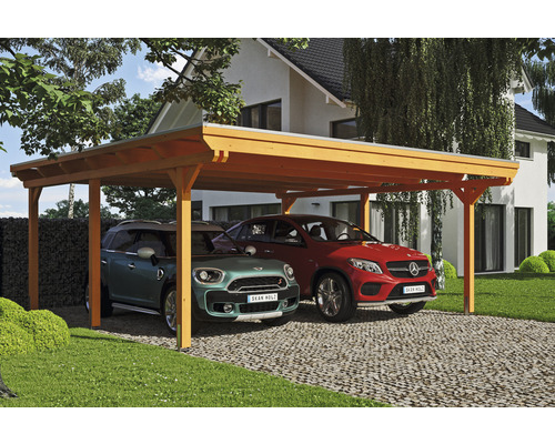 Přístřešek na auto dvojitý SKAN HOLZ Emsland včetně EPDM membrány, kotev pro sloupky, 613 x 604 cm, světlý dub Dřevěný dvojitý přístřešek pro auto se dvěma zaparkovanými auty