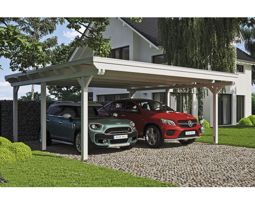 Přístřešek na auto dvojitý SKAN HOLZ Emsland včetně EPDM membrány, kotevní desky na sloupek, 613 x 604 cm, bílá Dřevěný dvojitý přístřešek pro auto se dvěma parkujícími auty
