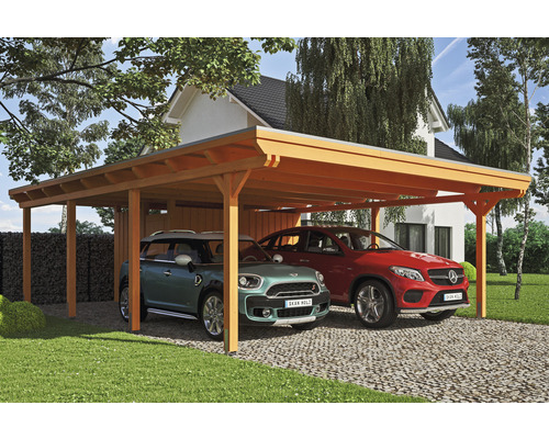 Přístřešek na auto dvojitý SKAN HOLZ Emsland včetně úložného prostoru, EPDM membrána, kotvy na sloupky, 613 x 846 cm světlý dub Dřevěný přístřešek pro auto se dvěma parkujícími auty