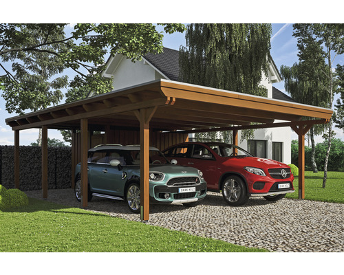 Přístřešek na auto dvojitý SKAN HOLZ Emsland, včetně úložného prostoru, kotev na sloupek, 613 x 846 cm, ořech Dřevěný přístřešek pro auto se dvěma zaparkovanými auty na zahradě