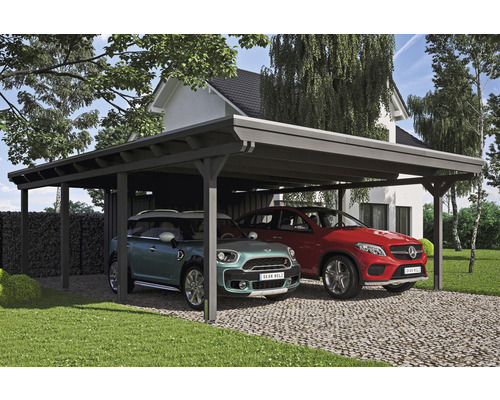 Přístřešek na auto dvojitý SKAN HOLZ Emsland, včetně úložného prostoru, EPDM membrány a úchytů pro sloupky, 613 x 846 cm, břidlice Dvojitý dřevěný přístřešek pro auto se dvěma zaparkovanými auty
