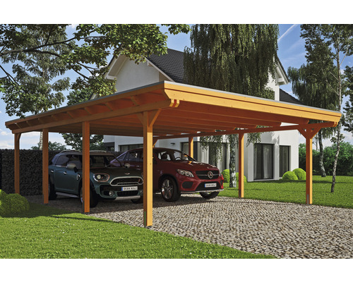Přístřešek na auto dvojitý SKAN HOLZ Emsland, včetně EPDM membrány, úchytů na sloupky, 613 x 846 cm, světlý dub Dvojitý dřevěný přístřešek pro auto se dvěma zaparkovanými auty před obytným domem.