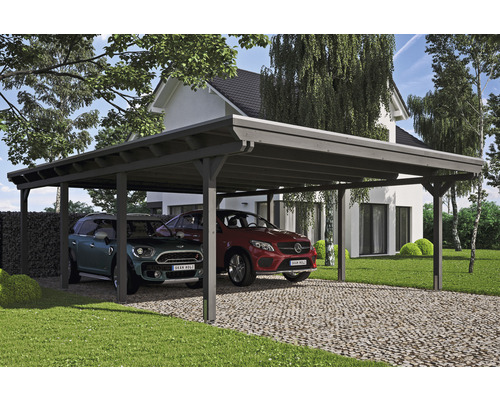 Přístřešek na auto dvojitý SKAN HOLZ Emsland včetně kotev na sloupek, 613 x 846 cm, břidlice Dřevěný dvojitý carport se dvěma zaparkovanými auty před domem.