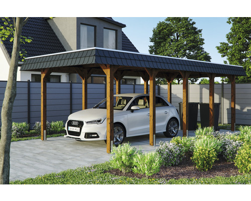 Přístřešek na auto SKAN HOLZ Spreewald, černá fasádní deska, vč. kotev pro sloupky, 345 x 741 cm, ořech Dřevěný přístřešek pro auto s autem a zahradou