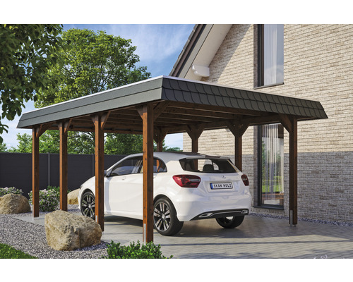 Přístřešek na auto SKAN HOLZ Spreewald, černá fasádní deska vč. EPDM membrány, kotva na sloupek, 396 x 589 cm, ořech Dřevěný přístřešek pro auto s autem před domem