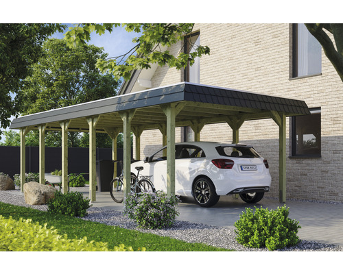 Přístřešek na auto SKAN HOLZ Spreewald, černá fasádní deska vč. kotev na sloupky, 396 x 893 cm impregnovaný Dřevěný přístřešek pro auto s autem, kolem a popelnicí na zahradě