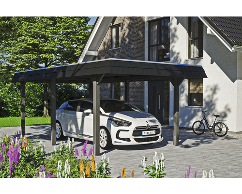 Přístřešek na auto SKAN HOLZ Wendland, vč. černého obložení, vč. EPDM membrány a kotev na sloupky, 362 x 628 cm, břidlice Moderní dřevěný přístřešek pro auto s automobilem na dlážděném dvoře