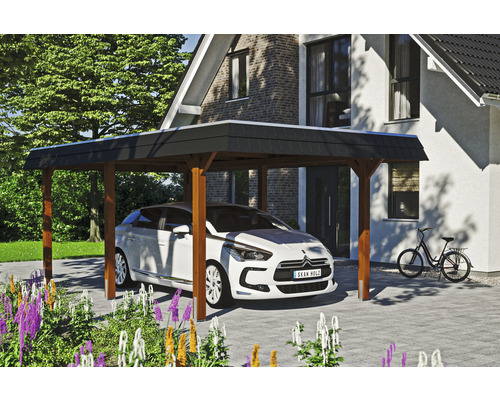 Přístřešek na auto SKAN HOLZ Wendland černá fasádní deska vč. EPDM membrány, kotvy na sloupky, 362 x 628 cm, ořech Dřevěný přístřešek pro auto s autem před domem