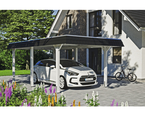 Přístřešek na auto SKAN HOLZ Wendland s černým obložením vč. kotev pro sloupek 362 x 628 cm bílý Dřevěný přístřešek pro auto s autem před domem