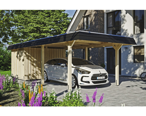 Přístřešek na auto SKAN HOLZ Wendland, černá fasádní deska vč. úložného prostoru, EPDM membrána, kotva na sloupek, 362 x 870 cm, přírodní Dřevěný přístřešek pro auto s úložným prostorem a zaparkovaným autem
