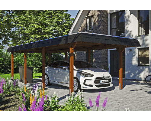 Přístřešek na auto SKAN HOLZ Wendland, černá fasádní deska, vč. EPDM membrány a kotev na sloupky, 362 x 870 cm, ořech Dřevěný přístřešek pro auto s autem na dlážděném parkovacím místě