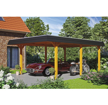 Dřevěný přístřešek pro auto s automobilem a motocyklem