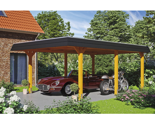 Dřevěný přístřešek pro auto s automobilem a motocyklem