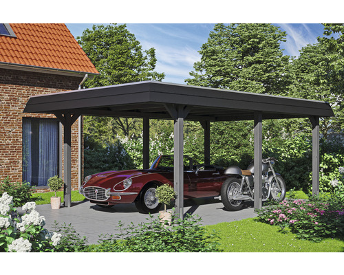Dřevěný přístřešek pro auto s automobilem a motocyklem