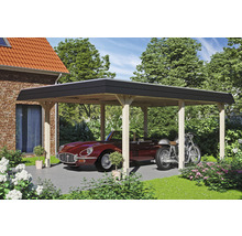 Dřevěný carport s autem a motorkou