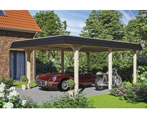 Dřevěný carport s autem a motorkou
