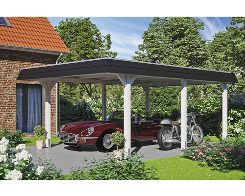 Přístřešek na auto SKAN HOLZ Wendland s černým obložením, vč. kotev pro sloupky, 409 x 628 cm, bílá Dřevěný přístřešek pro auto s automobilem a motocyklem