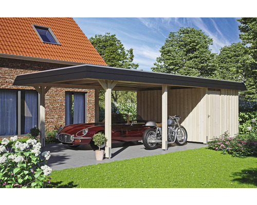 Přístřešek na auto SKAN HOLZ Wendland s černým obložením, vč. úložného prostoru, kotvy na sloupky, 409 x 870 cm přírodní Přístřešek pro auto s kůlnou na nářadí, auto a motocykl