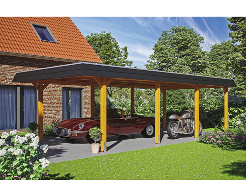 Přístřešek na auto SKAN HOLZ Wendland, černá fasádní deska, vč. kotev na sloupky, 409 x 870 cm, světlý dub Přístřešek pro auto s automobilem a motocyklem na zahradě