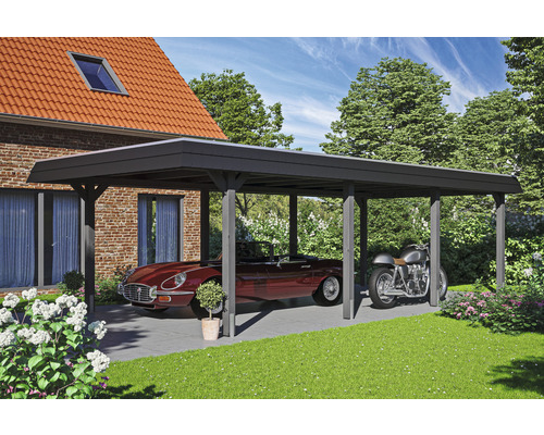 Moderní dřevěný přístřešek pro auto s autem a motocyklem