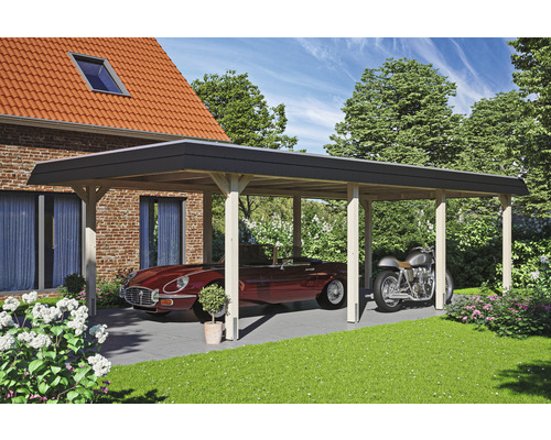 Přístřešek na auto SKAN HOLZ Wendland, černá fasádní deska, vč. EPDM membrány a kotev, 409 x 870 cm, přírodní Dřevěný přístřešek pro auto s automobilem a motocyklem