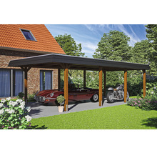 Dřevěný přístřešek pro auto s automobilem a motocyklem pod ním