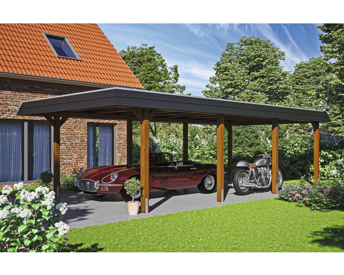 Přístřešek na auto SKAN HOLZ Wendland, černá fasádní deska vč. EPDM membrány, kotvy na sloupky, 409 x 870 cm ořech Dřevěný přístřešek pro auto s automobilem a motocyklem pod ním