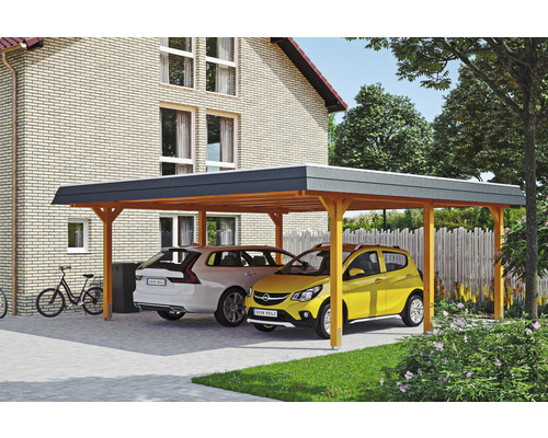 Přístřešek na auto dvojitý SKAN HOLZ Wendland, černá čelní deska včetně EPDM membrány, kotva na sloupek, 630 x 637 cm, světlý dub Dřevěný přístřešek pro auto se dvěma zaparkovanými auty a jízdními koly