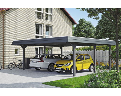 Přístřešek na auto dvojitý SKAN HOLZ Wendland, černá čelní deska, včetně EPDM membrány, úchytů na sloupky, 630 x 637 cm, břidlice Přístřešek pro auto se dvěma zaparkovanými auty před domem