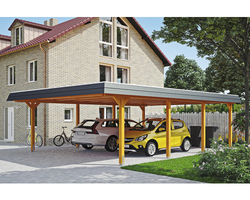 Přístřešek na auto dvojitý SKAN HOLZ Wendland, černá čelní deska, včetně EPDM membrány, úchytů na sloupky, 630 x 879 cm, světlý dub Dřevěný dvojitý přístřešek pro auto se dvěma parkujícími auty před obytným domem