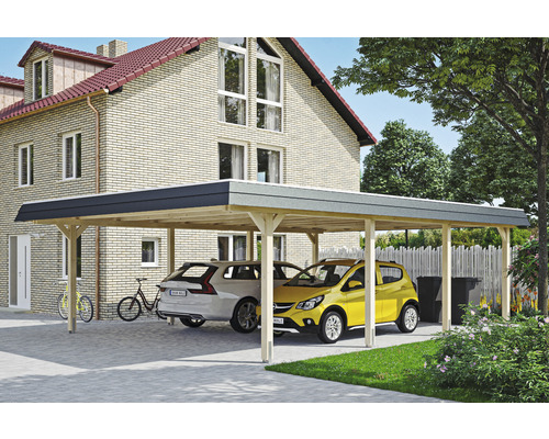 Dřevěný přístřešek pro auto se dvěma zaparkovanými auty před domem