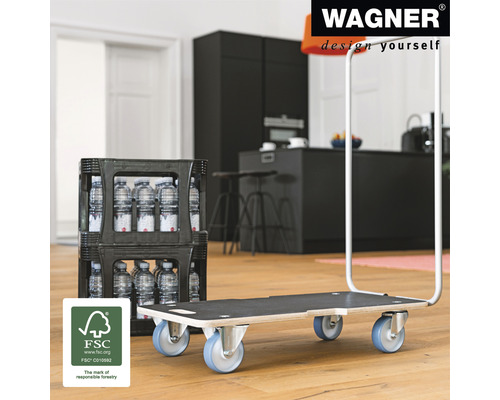 Logo Wagner. Transportní kolečka s přepravkou nápojů a pečetí FSC pro odpovědné lesní hospodářství