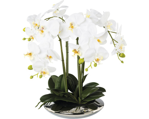 Umělá květina orchidej phalaenopsis 4 výhony v keramické stříbrné misce 41 cm bílá