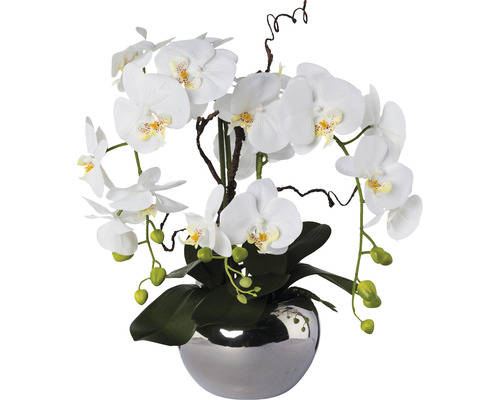 Umělá květina phalaenopsis aranžmá 55 cm bílá ve stříbrném květináči Real Touch
