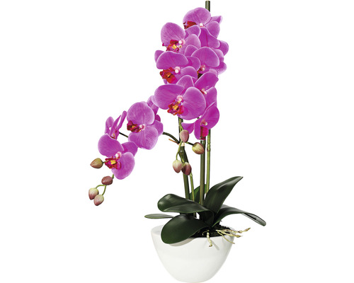Umělá květina orchidej phalaenopsis 50 cm lila v bílé keramické misce 14,5 x 8,5 cm Real Touch
