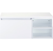 Bílá koupelnová skříňka s posuvnými dveřmi a policemi