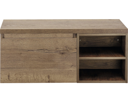 Botník v barvě dřeva se zásuvkou a otevřenými policemi