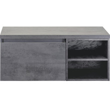 Závěsná skříňka pod umyvadlo s jednou zásuvkou a otevřenými policemi.