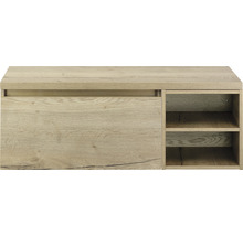 Nástěnná skříňka v barvě dřeva s posuvnými dveřmi a otevřenými policemi