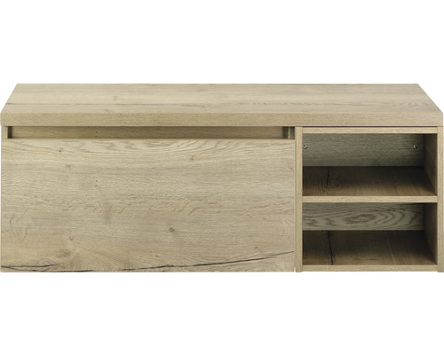 Nástěnná skříňka v barvě dřeva s posuvnými dveřmi a otevřenými policemi