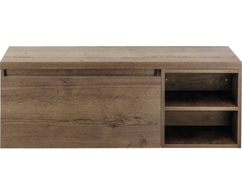 Dřevěná skříňka na boty se zásuvkou a dvěma otevřenými policemi