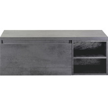 Šedá skříňka pod umyvadlo se zásuvkou a policemi