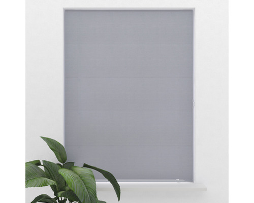 Šedá roleta před oknem s pokojovou rostlinou