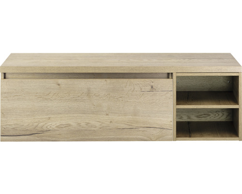 Spodní skříňka barvy dřeva se zásuvkou a dvěma otevřenými přihrádkami