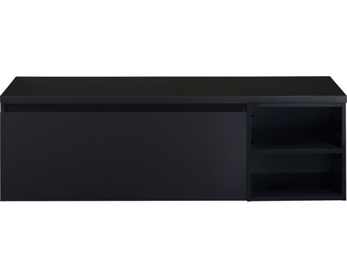 Černá závěsná umyvadlová skříňka se skříňkou a policemi