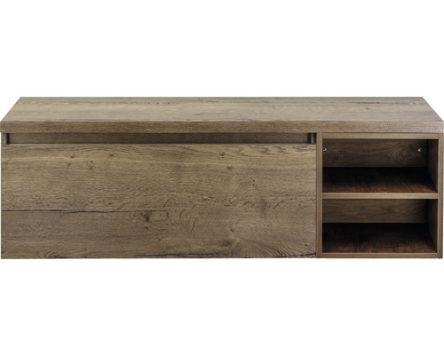 Dřevěná nízká skříňka s posuvnými dveřmi a policemi